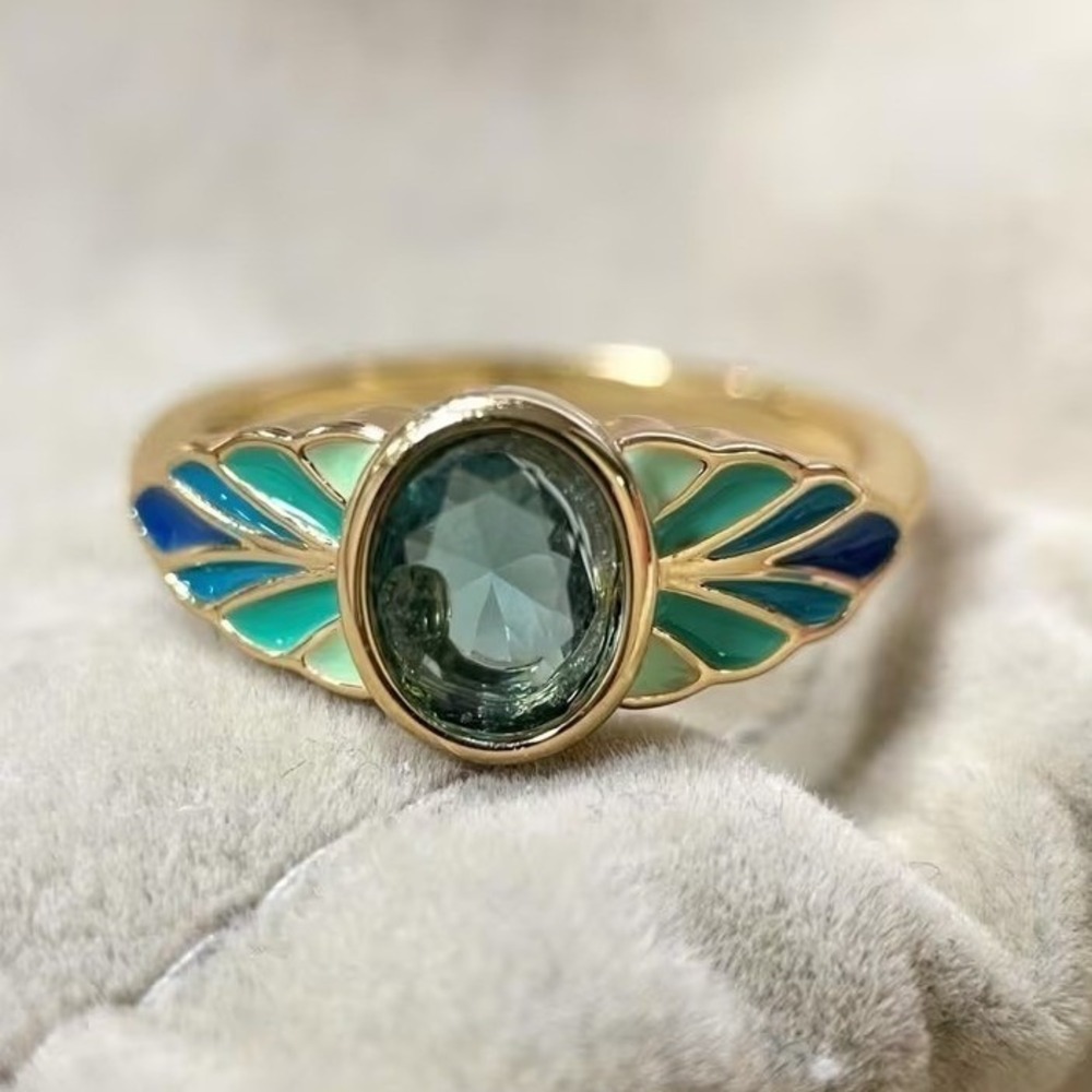 Art Deco Style Oval Zircon Stone Enamel Ring Gold Tone Green Blue Size 7 - Picture 2 of 2